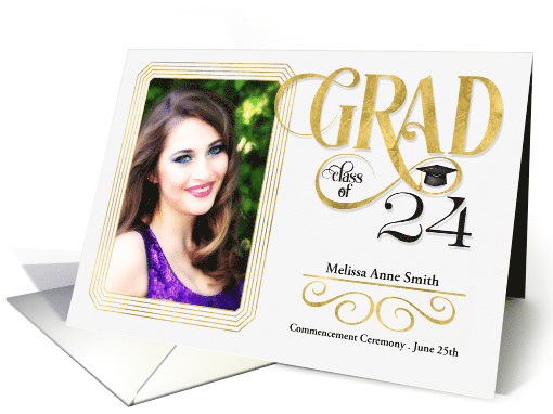 Graduation Ceremony Invitation Class of 2024 Faux Gold Leaf Photo card