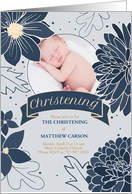 Christening Invitation Bold Blue Botanicals with Photo card