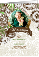 Christening Invitation Green and Brown Leafy Doodles with Photo card