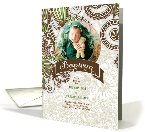 Baptism Invitation Green and Brown Leafy Doodles with Photo card