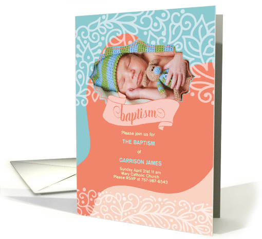 Baptism Invitation Orange and Blue Swirls with Photo card (854018)