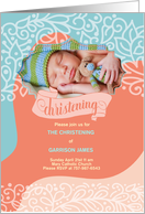 Christening Invitation Orange and Blue Swirls with Photo card