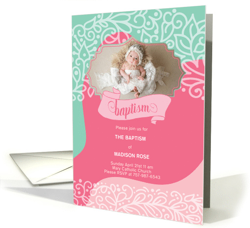 Baptism Invitation for Girls in Pink and Sea Green with Photo card