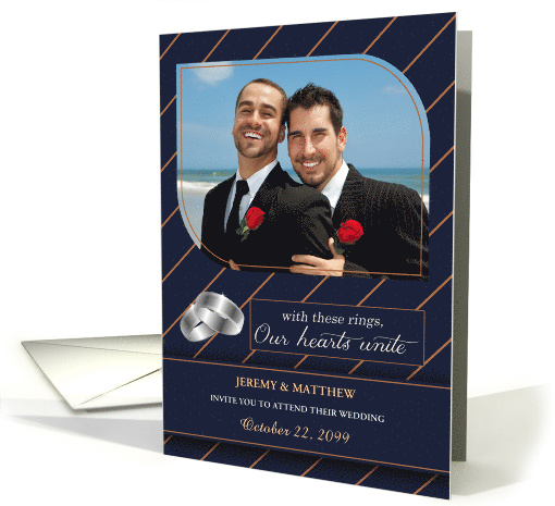 Gay Wedding Invitiation Blue Pinstripes with Custom Photo card