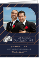 Gay Wedding Invitiation Blue Pinstripes with Custom Photo card