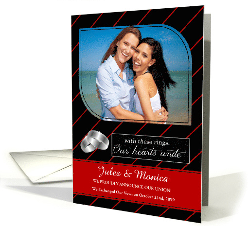 Custom Civil Union Announcement Red Pinstripe with Photo card (855451)