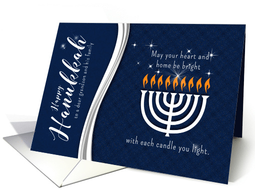 for Grandson and Family Hanukkah Menorah in Blue and White card