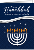 for Grandson and Family Hanukkah Menorah in Blue and White card