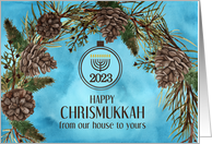 Chrismukkah 2022 Our House to Yours Blue and Brown Pine Wreath card