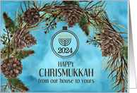 Chrismukkah 2024 Our House to Yours Blue and Brown Pine Wreath card