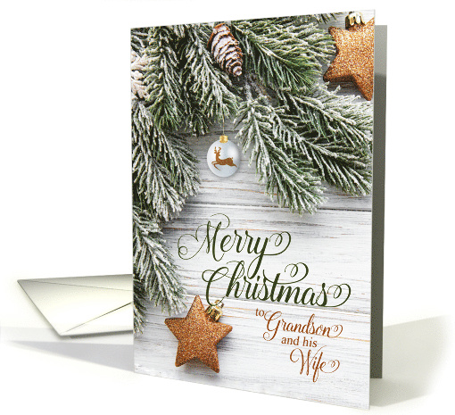 for Grandson and his Wife Snowy Pine Branches and Stars card (860743)