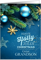 for Great Grandson Blue and Green Holly Jolly Christmas Ornaments card