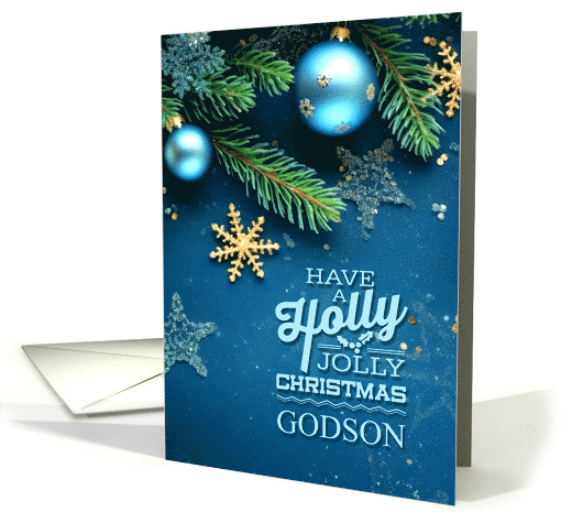 for Godson Blue and Green Holly Jolly Christmas Ornaments card