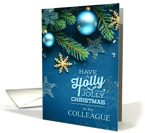 for Co-Worker or Colleague Blue and Green Holly Jolly Christmas card