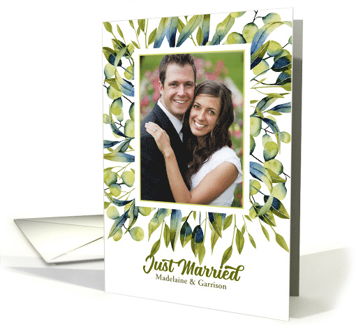 Just Married Announcement with Photo in Sage Cream and Cream card