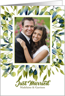 Just Married Announcement with Photo in Sage Green Botanical card