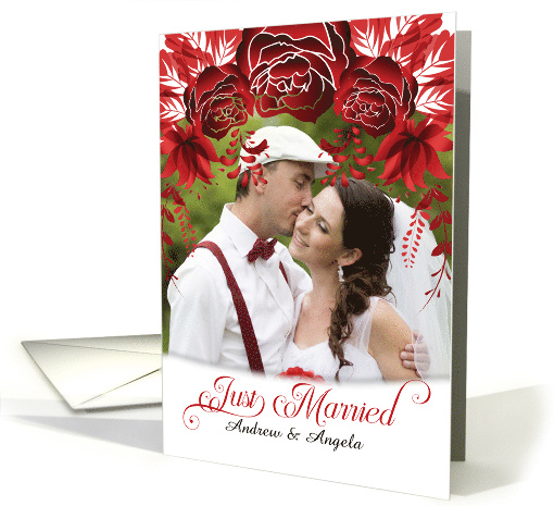 Just Married Announcement with Photo in Red Botanical card (873003)