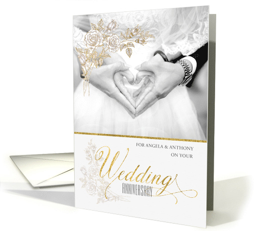 Custom Wedding Anniversary Gold and White Roses card (886796)