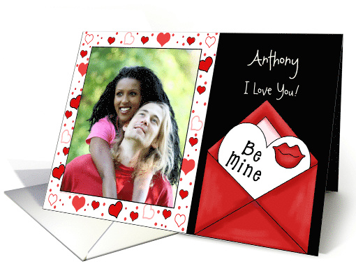 Be Mine Valentine Cute Red Heart and Envelope Custom Photo card
