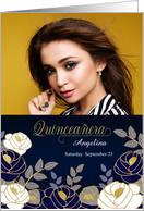Quinceanera Invitation Navy and White Botanical with Custom Photo card