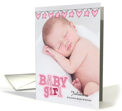 Pink Hearts and Stars Birth Announcement Vertical Baby's Photo card