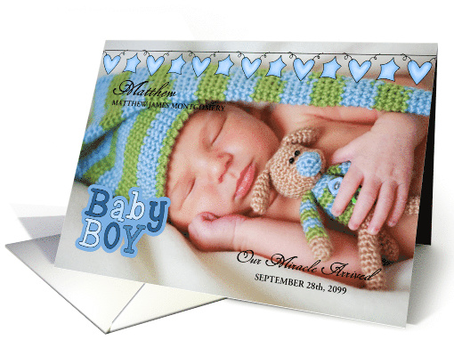 Blue Hearts and Stars Birth Announcement with Baby's Photo card