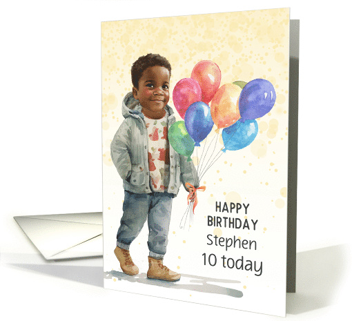 Boy's Birthday with Custom Name and Age Brown Skin and Balloons card