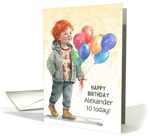 Boy's Birthday Custom Name and Age Red Haired Boy Balloons card
