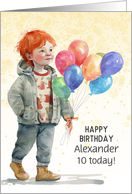 Boy’s Birthday Custom Name and Age Red Haired Boy Balloons card