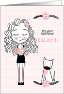 Girl’s Birthday Custom Name in Cute Pink and Black with Dog card