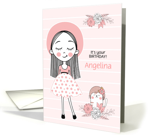 Girl's Birthday Custom Name in Pink Black and White card (898820)