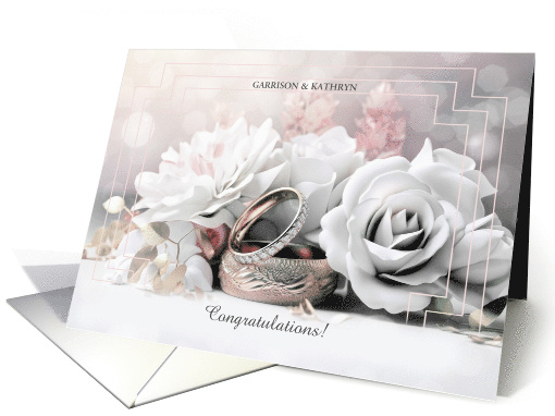 Wedding Congratulations White Roses and Rings Custom Text card