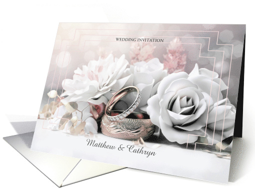 Wedding Invitation with Custom Front White Roses and Rings card