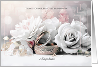 Bridesmaid Thank You White Roses and Rings Custom Name card