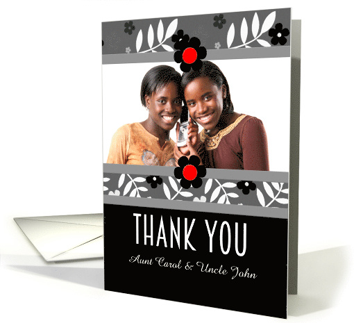 Thank You Modern Black White and Red Leafy with Photo Blank card