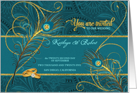 Peacock Wedding Invitation in Teal and Gold Custom card