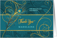 Wedding Thank You Peacock in Teal and Gold Custom card