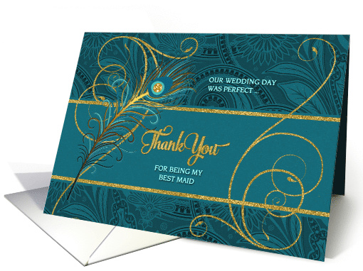Best Maid Wedding Thank You Peacock in Teal and Gold card (907646)