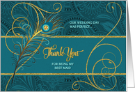 Best Maid Wedding Thank You Peacock in Teal and Gold card