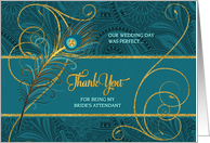 Bride’s Attendant Wedding Thank You Peacock in Teal and Gold card