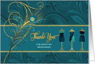 Bridesmaid Wedding Thank You Peacock in Teal and Gold card