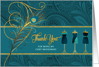 Chief Bridesmaid Wedding Thank You Peacock in Teal and Gold card