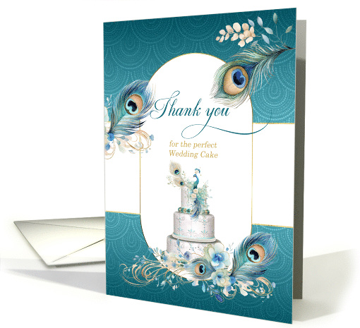 Wedding Cake Bakery Thank You Peacock in Teal and Gold card (907754)