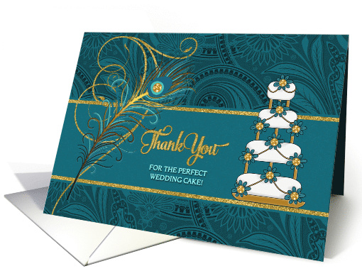 Wedding Cake Bakery Thank You Peacock in Teal and Gold card (907754)