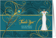 Seamstress Wedding Dress Thank You Peacock in Teal and Gold card