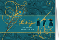 Matron of Honor Wedding Thank You Peacock in Teal and Gold card