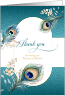 Matron of Honor Wedding Thank You Peacock in Teal and Gold card