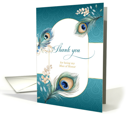Man of Honor Wedding Thank You Peacock in Teal and Gold card (908044)