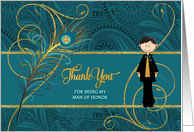 Man of Honor Wedding Thank You Peacock in Teal and Gold card