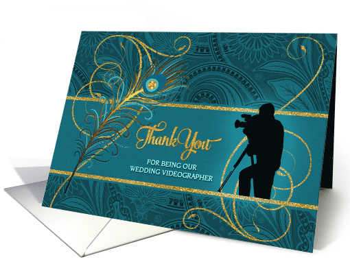 Videographer Wedding Thank You Peacock in Teal and Gold card (908065)